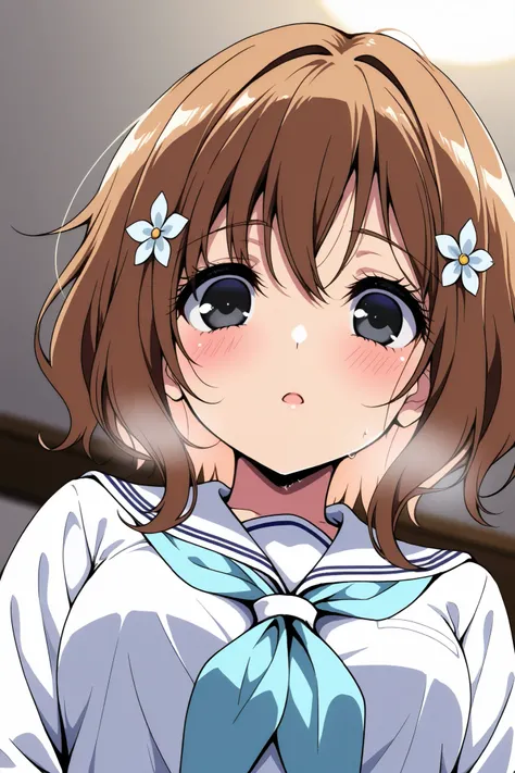 reia_kosu,1 female,solo,pretty,
ohana_matsumae,

short hair,brown hair,hair ornament,
flower,hair flower,stupid hair,long hair,
colored inner hair,

black eyes,big eyes,slant eyes,sleepy eyes,
long eyelashes,

extreme close-up under the chest,
low angle,

...