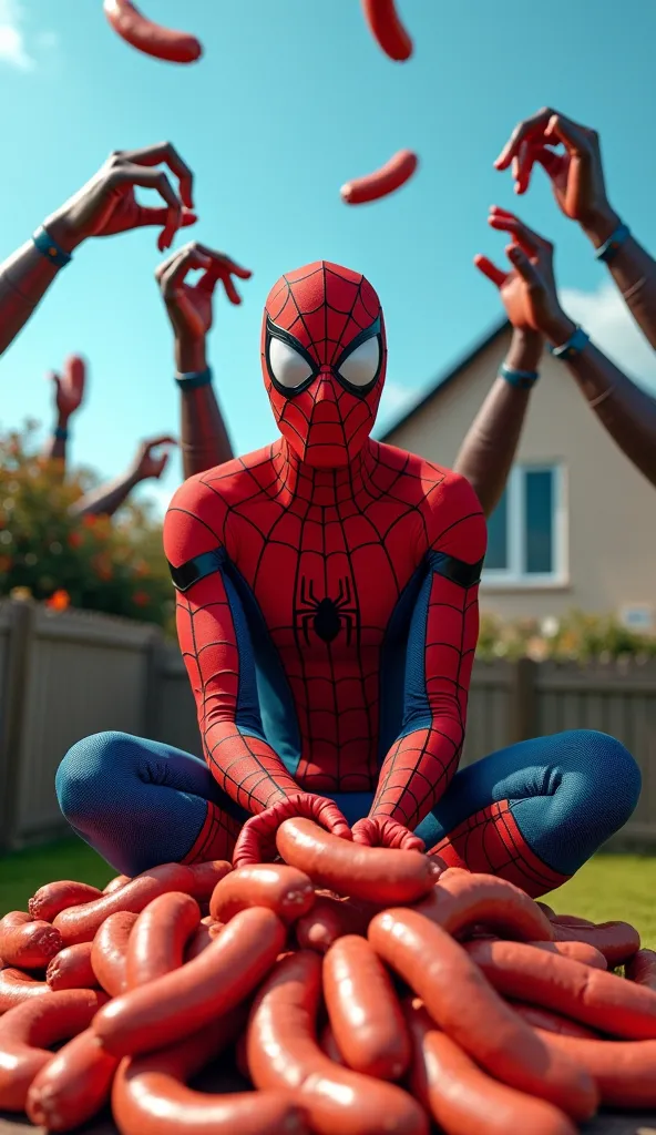 The Spiderman character complete with Spiderman mask covering his entire head is sitting in a dynamic position with a multitude of shadowy steel iron hands behind him is holding a sausage in various directions on top of a pile of many sausage sausages and ...