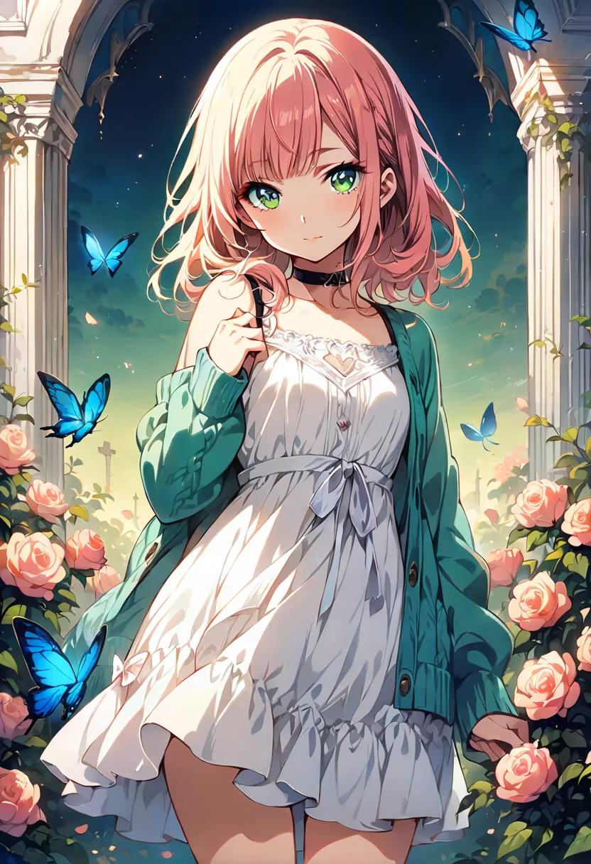 (masterpiece, top quality, best quality, official art, beautiful), 1girl, solo, peach hair, green colored eyes, looking a viewer, Bangs, mid length hair, black choker, white dress, cardigan, closed mouth, makeup, in full height, little chest, Detailed eyes...