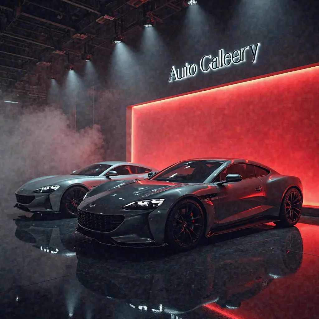 fashion editoral photo image of gray smoke and that depicts my realism It is a big car showroom and has beautiful and luxury cars and it says Auto Gallery Kazemi on a big red banner.