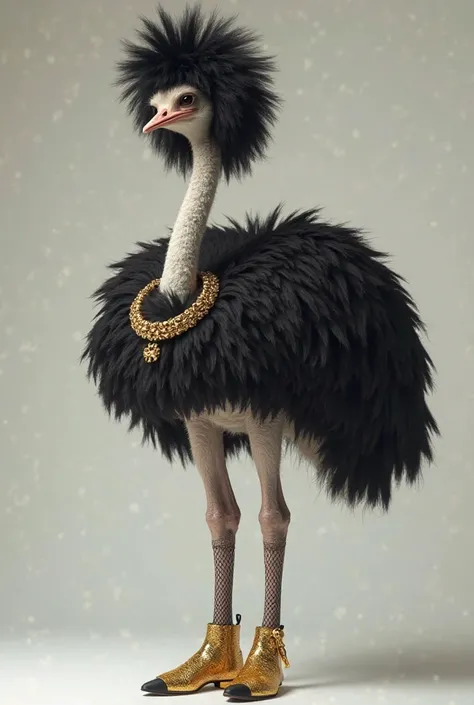 Ostrich with a black wig, Wearing a , with a golden necklace, with fishnet socks and with gold boots