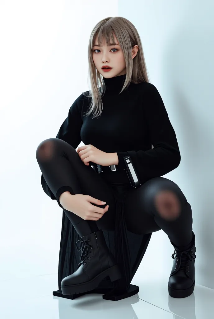 A daring convergence of futurism and monochrome minimalism with a 20-year-old cute Japanese model with an hourglass figure, a very slender waist, and a tiny head adorned with gray long hair and large blue eyes. She's dressed in a black rubber maxi skirt, a...