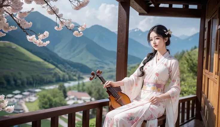 A woman with an elaborate updo and floral hair accessories plays a stringed instrument on a wooden balcony, overlooking a mountain landscape with cherry blossoms, wearing a pink floral dress, elegant and peaceful atmosphere." best picture quality，Very deta...