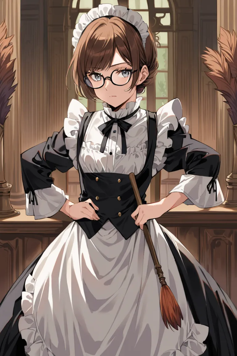 1girl, high quality, grey eyes, brown short hair, maid costume, glasses, 19th century background