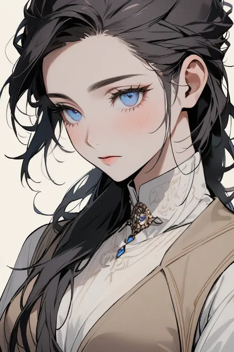 woman, black hair, mullet short hairstyle, hairs between eyes, large boobs, white shirt, beige vest, Gray pleated skirt, blue eyes,  expressionless, blush, No background,