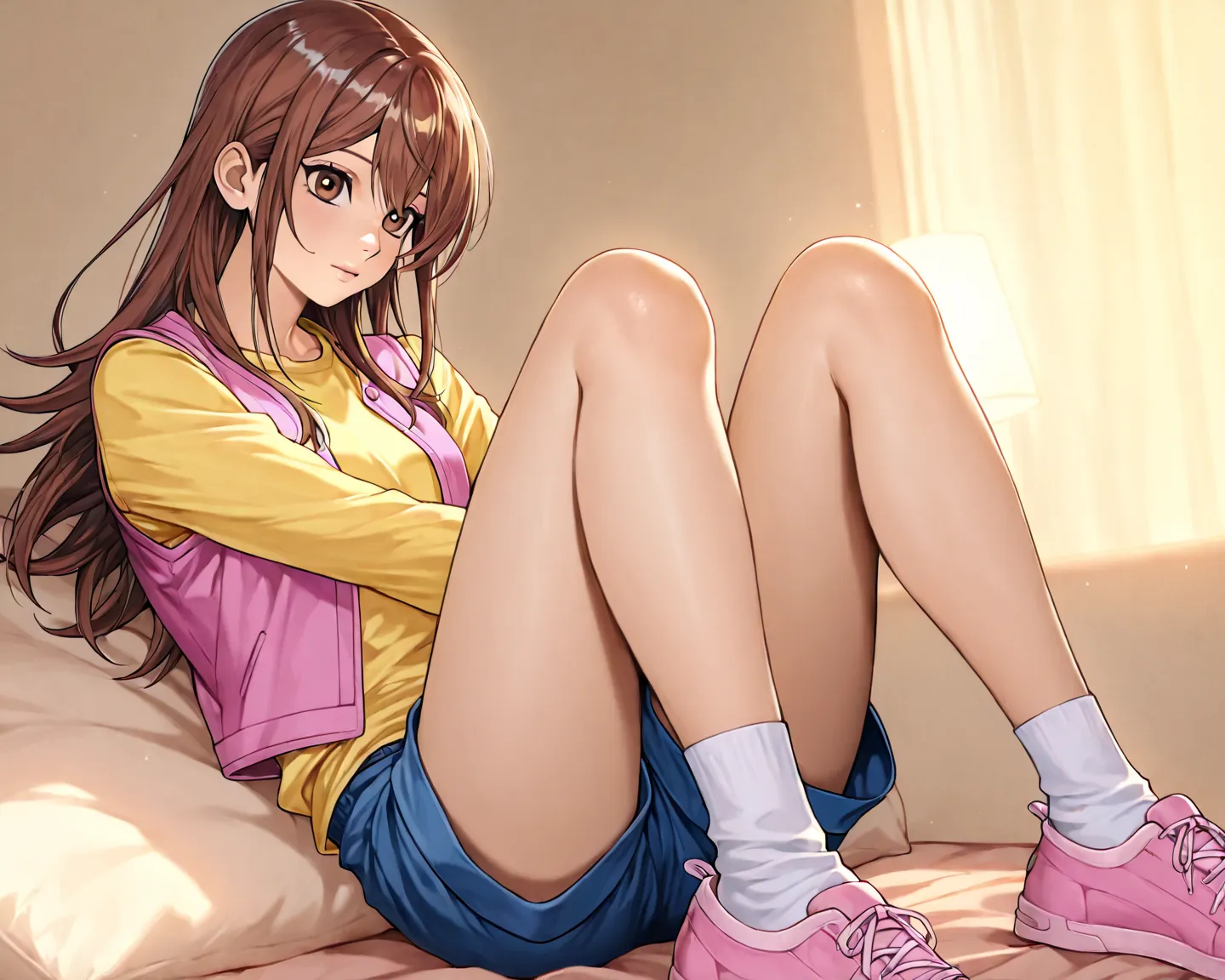 Serenity Wheeler(yu-gi-oh!), 1girl, solo, brown hair, long hair,, brown eyes, , yellow shirt, pink vest, blue shorts, white socks, pink shoes