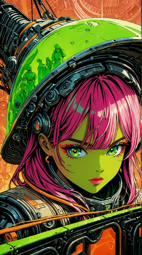 ((best quality)), ((masterpiece)), (detailed), perfect face of cyberpunk mecha japanese girl, neon pink body, neon pink hair, big neon green eyes, ((monochromatic neon pink, orange and neon green color palette)), surreal, art nouveau, in the illustrative s...