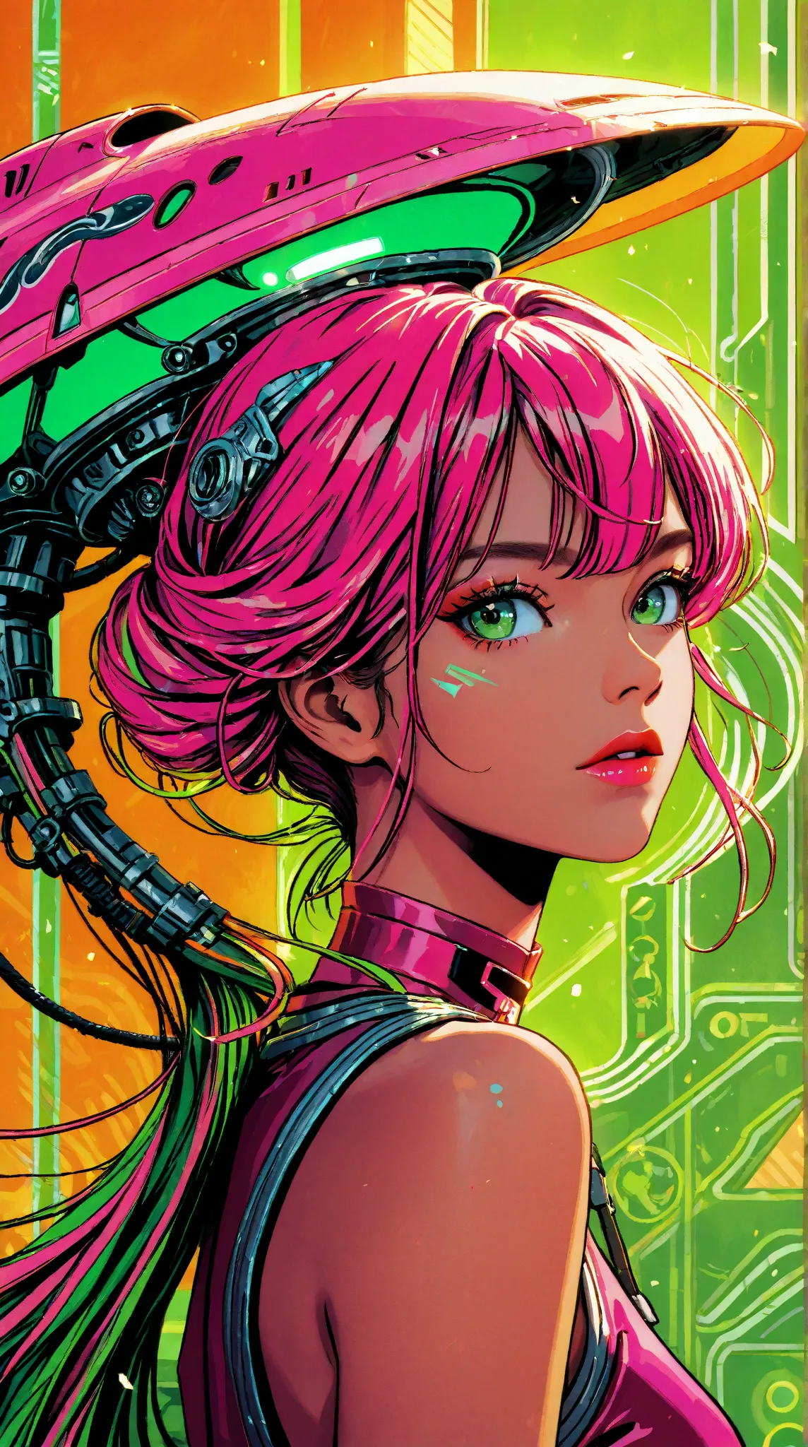 ((best quality)), ((masterpiece)), (detailed), perfect face of cyberpunk mecha japanese girl, neon pink body, neon pink hair, big neon green eyes, ((monochromatic neon pink, orange and neon green color palette)), surreal, art nouveau, in the illustrative s...