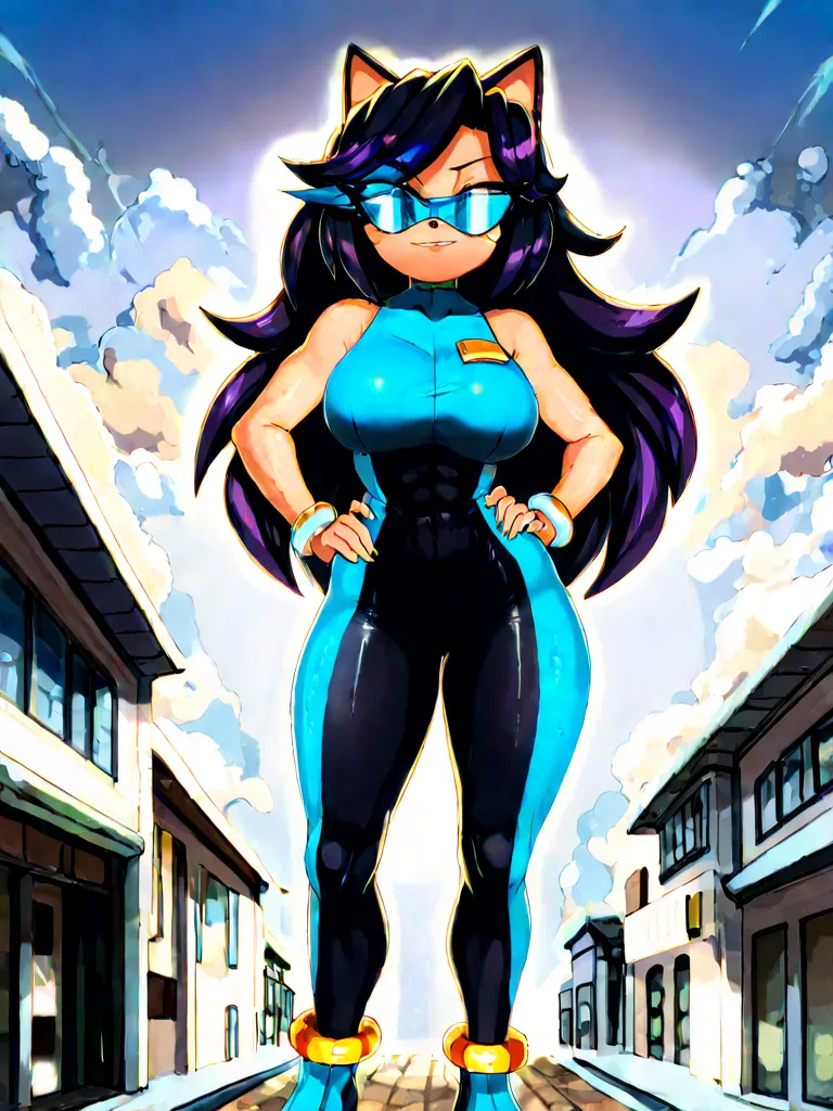 Sonya the hedgehog with blue skin with long hair bangs with breasts cartoon  "she's from the future"