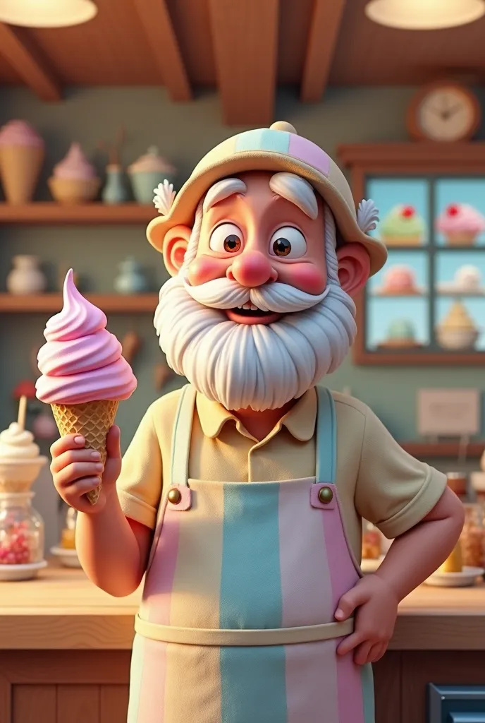 "A highly detailed 3D digital illustration of a friendly ice cream vendor, an elderly man with a warm smile, expressive cartoonish features, deep eyes, and a fluffy white beard. He wears a pastel-colored striped apron, a matching hat, and holds an ice crea...