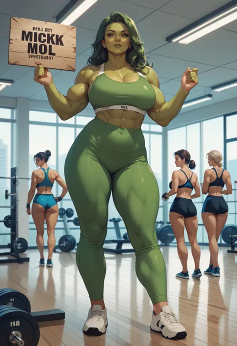 in a gym, milf, tall woman, she hulk, she is standing, she is holding a sign, next to her are five women standing 