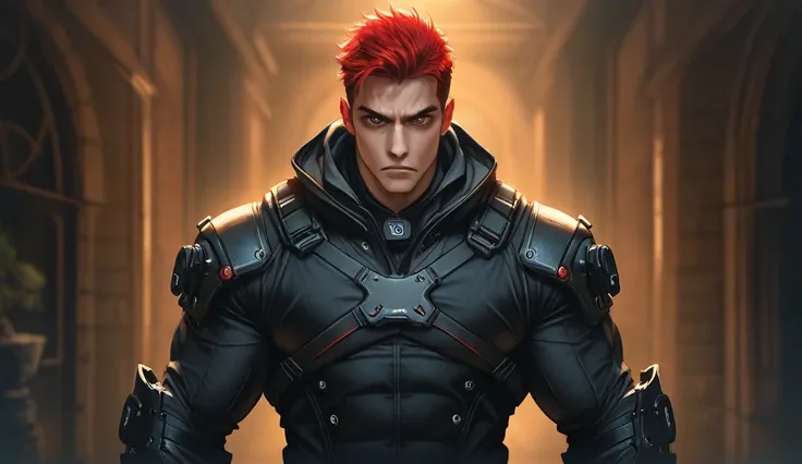 Here's a prompt to create an image of a character:

**Prompt:** A tall, smart assassin with striking red hair. He has a lean, muscular build, and his eyes are sharp and calculating. He wears a sleek black suit with a subtle tactical edge, featuring hidden ...