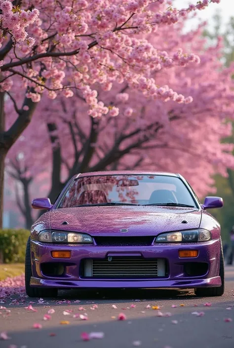 A 1998 Nissan Silvia S14a in calypso violet mineral effect stands in front of a pink cherry blossom tree. You look diagonally at the front of the car and the tree takes up the background. The colours are strong. The scene takes place at dawn. 