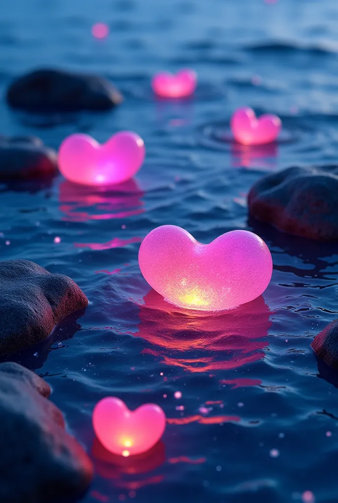 Sea background with neon light rainbow stone shaped hearts