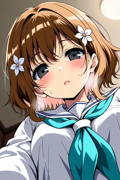 reia_kosu,1 female,solo,pretty,
ohana_matsumae,

short hair,brown hair,hair ornament,
flower,hair flower,stupid hair,long hair,
colored inner hair,

black eyes,big eyes,slant eyes,sleepy eyes,
long eyelashes,

extreme close-up under the chest,
low angle,

...
