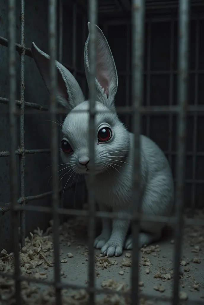 A rabbit trapped in a cage looking hopeless.