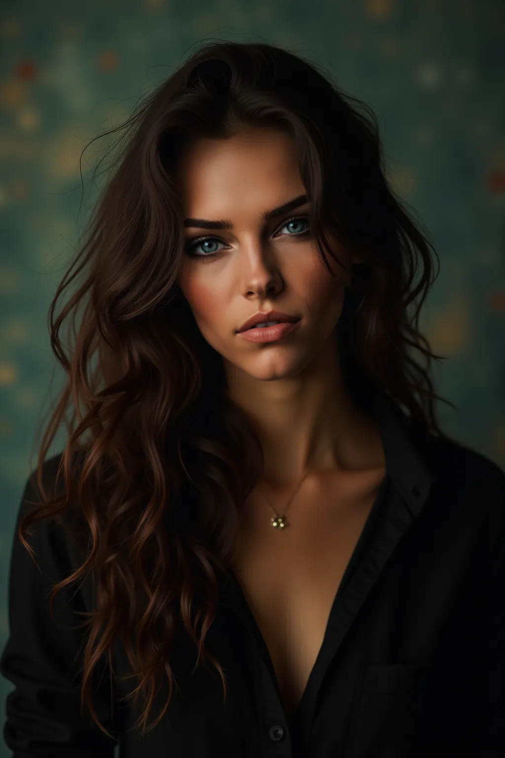 a beautiful young woman in black with long hair, in the style of textural layers, reefwave, light brown and light black, wet-on-wet blending, wavy, pop inspo, captivating gaze, dramatic cinematic lighting, photo realistic, cinematic, movie still, captured ...