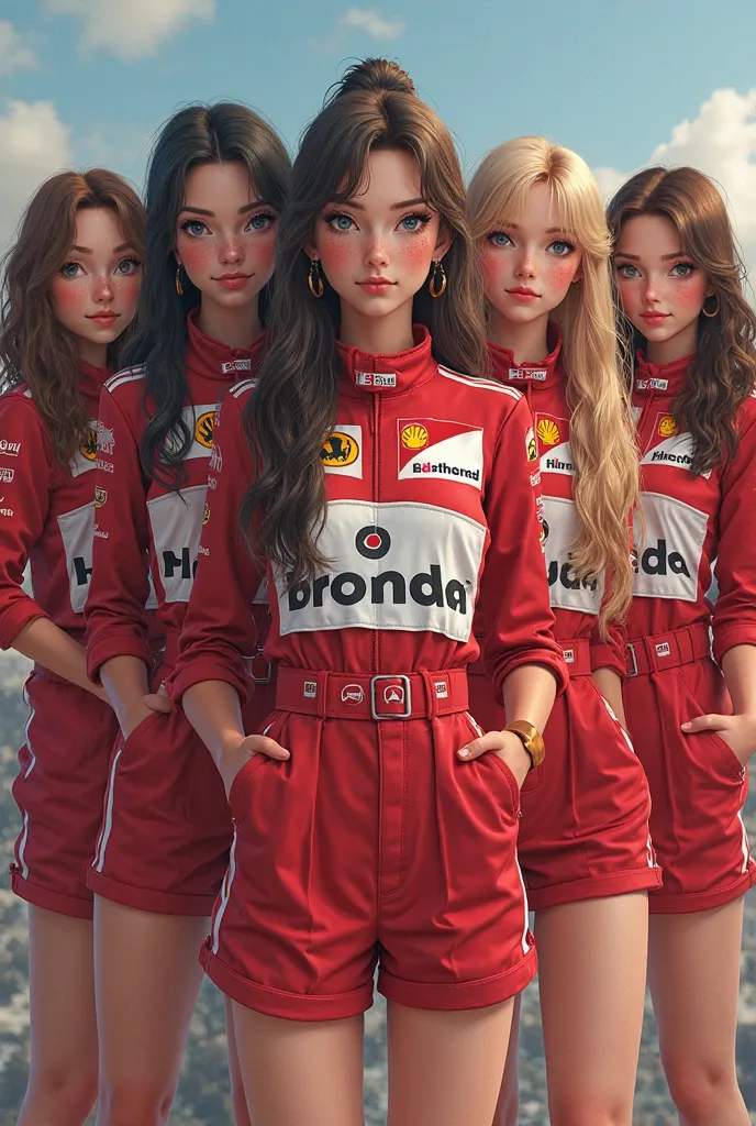 A Formula 1 card of 5 girls who are dressed as formula . A film with black hair and brown eyes, with freckles, Another brunette with brown eyes, Another blonde with blue eyes, Another a brown blonde with brown eyes and another brunette girl with brown eyes...