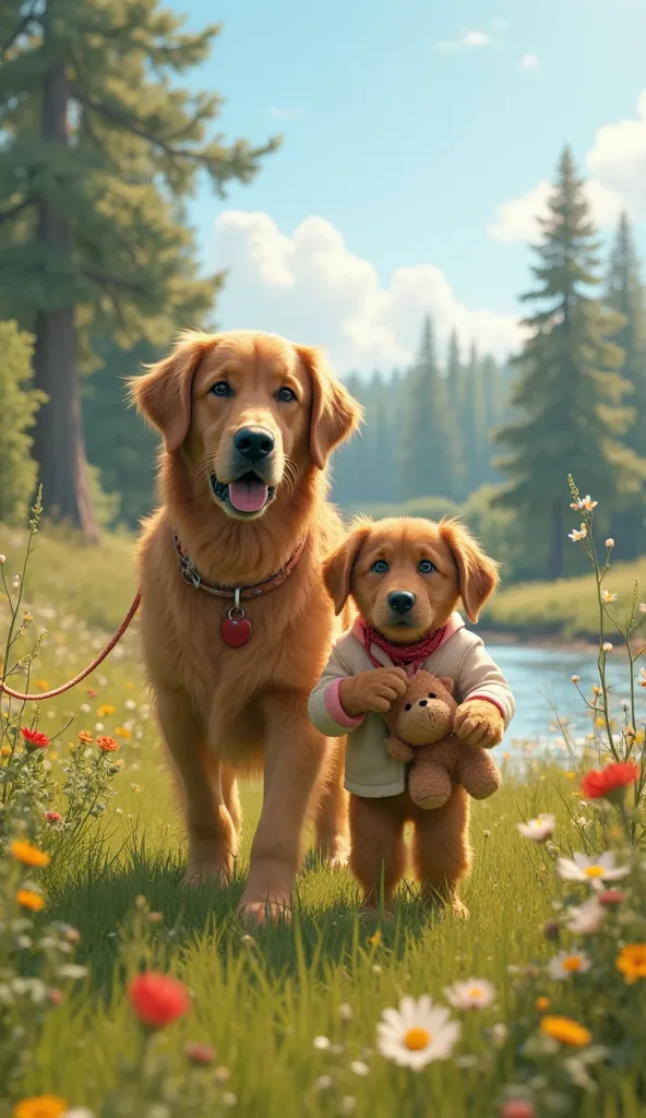 The Golden Retriever leads the  to a safe, open grassy area away from the river. The  is now calm, holding the dog's collar with one hand and the teddy bear with the other, with a small smile on their face. The dog looks proud and protective, standing clos...