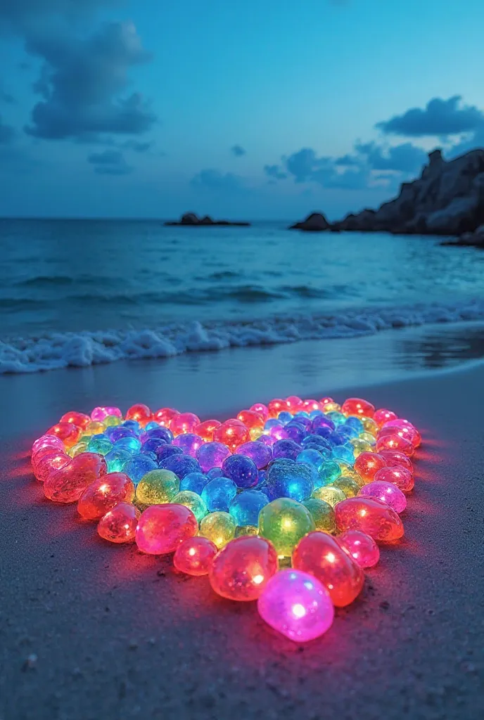 Sea background with hearts on the sand in the shape of neon light rainbow stone