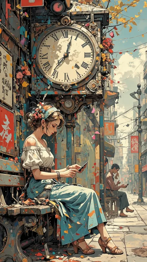 A high-resolution digital painting of a **pretty female** sitting gracefully on a **street bench**, dressed in a **delicate, elegant dress** that flows softly around her. She gazes at her **watch with quiet anticipation**, waiting for someone. A **large wa...
