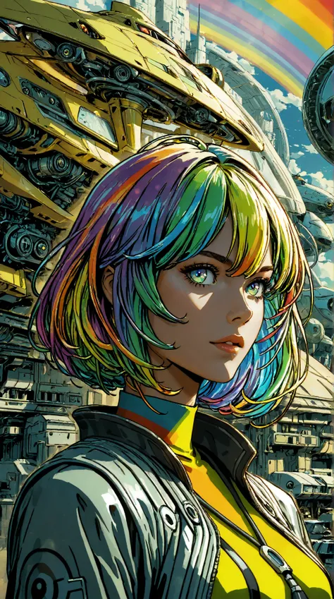 ((best quality)), ((masterpiece)), (detailed), perfect face of cyberpunk mecha japanese girl, neon rainbow eyes, neon yellow body, rainbow hair, ((monochromatic neon rainbow color palette)), surreal, art nouveau, in the illustrative style of moebius, space...