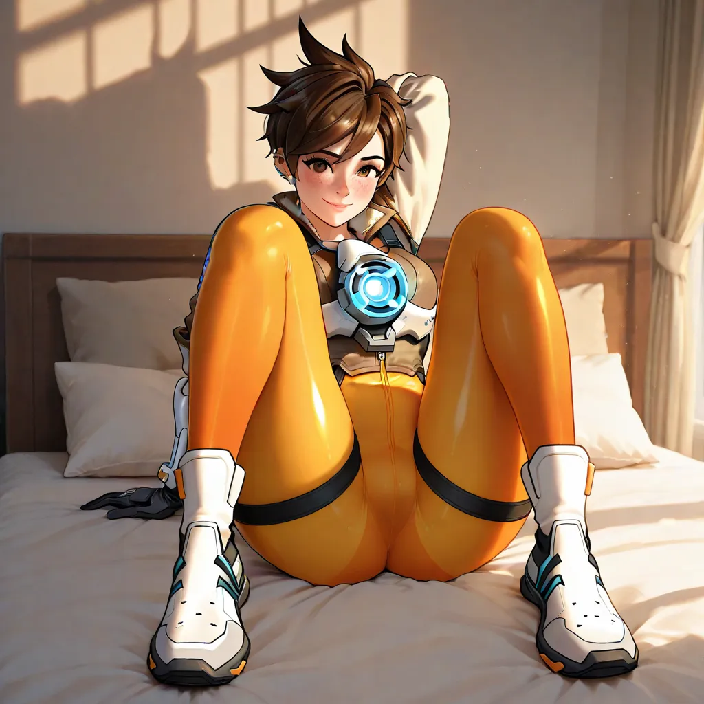 Tracerov2, 1 girl, short hair, brown hair, gloves, brown eyes, freckles, orange bodysuit, combed bangs, piercing, hair with spikes, piercing ears, tight body, bodysuit, tracer Vanilla The Rabbit, 🐰