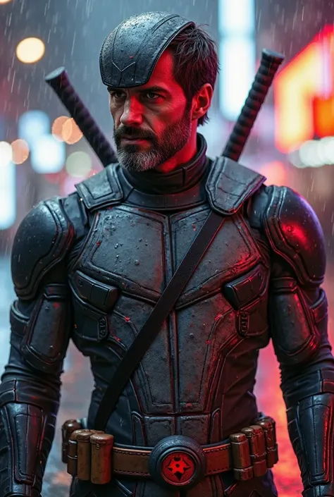 A battle-hardened anti-hero named One Shot, portrayed by Pedro Pascal. He wears a sleek, tactical armored suit blending elements of Deathstroke, Deadpool, and Deadshot, featuring a mix of black, red, and dark gray tones. His helmet is a hybrid design—one s...