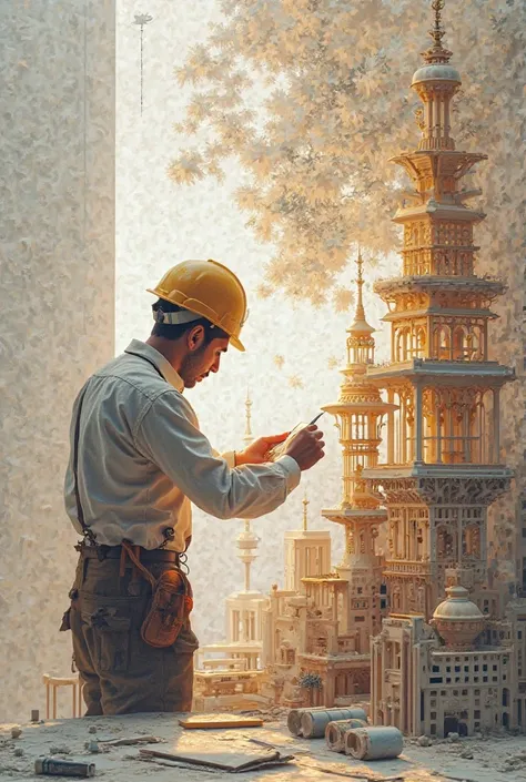 A creative image of an architecture engineer constructing buildings with maps and architectural details and concepts, with Ramadan vibes, write in arabic رمضان كريم