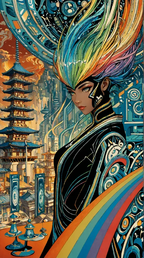 ((best quality)), ((masterpiece)), (detailed), perfect face of cyberpunk mecha japanese girl, neon rainbow eyes, metallic black body, rainbow hair, ((monochromatic neon rainbow color palette)), surreal, art nouveau, in the illustrative style of moebius, sp...