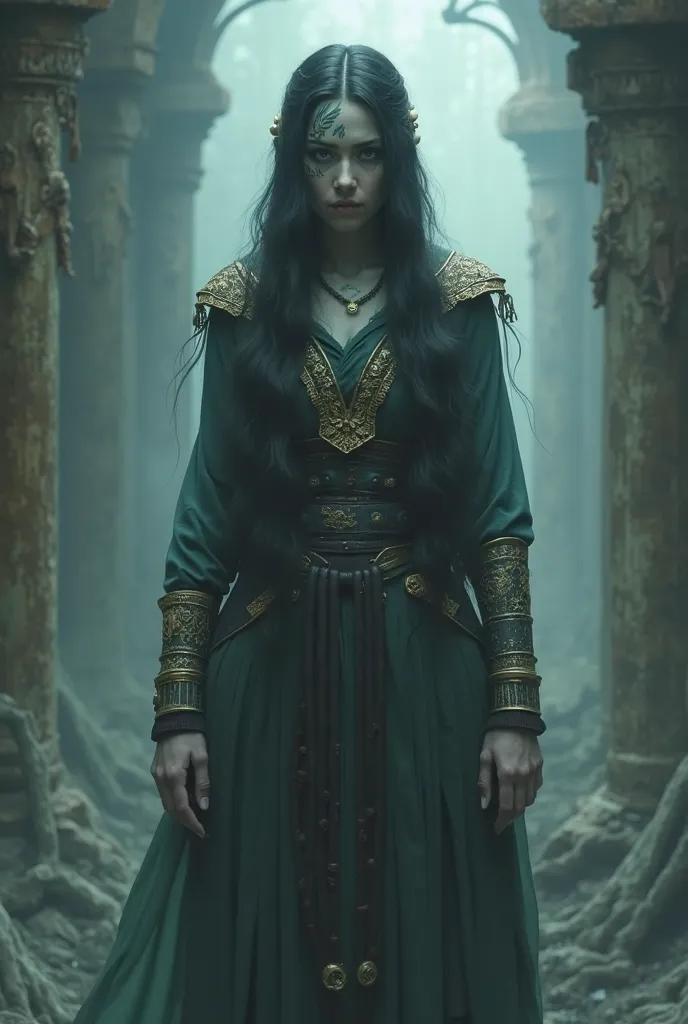 DND, Fanatsie, Ghostly appearance (spectral figure) of a woman, clad in noble clothing, long black hair, tribal face tattoo on the left side, in a gloomy environment, eyes are empty, mourning former warrior woman, full body picture