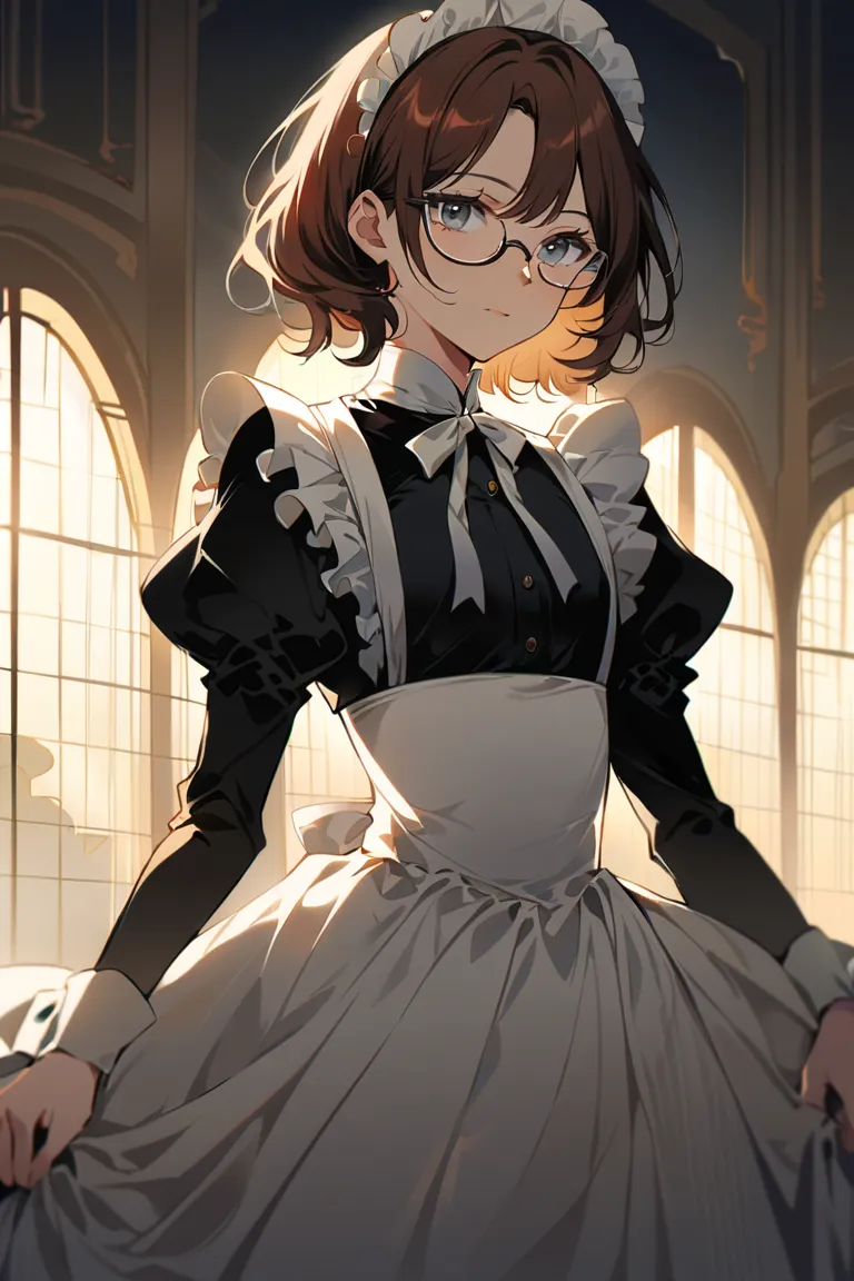 (masterpiece, best quality:1.2), solo, 1girl, grey eyes, brown short hair, maid costume, glasses, 19th century background, simple background, standing, straight-on,