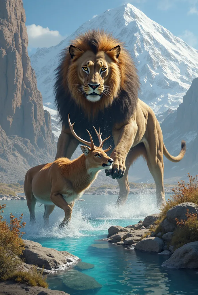 In front of a majestic mountain next to a beautiful blue spring is a huge, muscular lion pounding a ruffed deer 