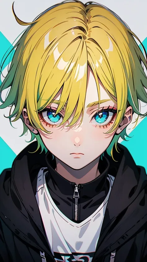 boy　Yellow hair　right eye is turquoise blue　Left eye is gray　