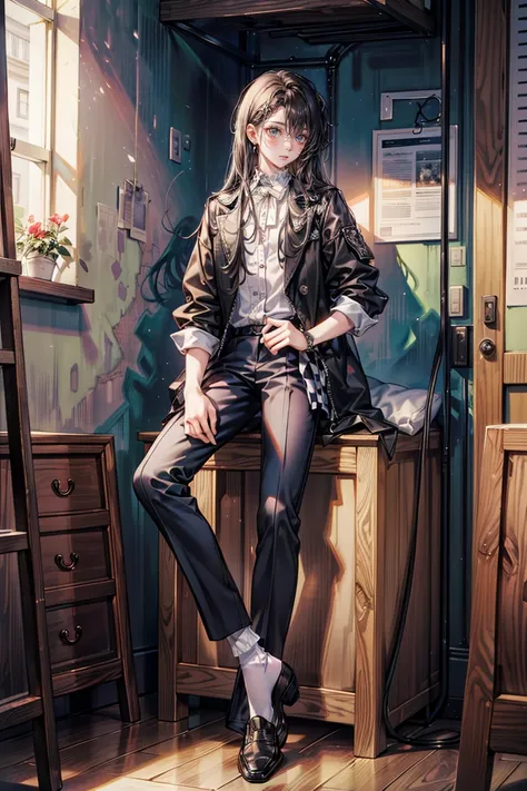 Full-body view, a man sitting on a wooden box, 8K resolution, high detail, around 20 years old, (one male:1.5), bored expression, black hair, slightly long hair:1.5, messy hair, drooping eyebrows, downturned eyes, pitch-black eyes, chic outfit, checkered j...