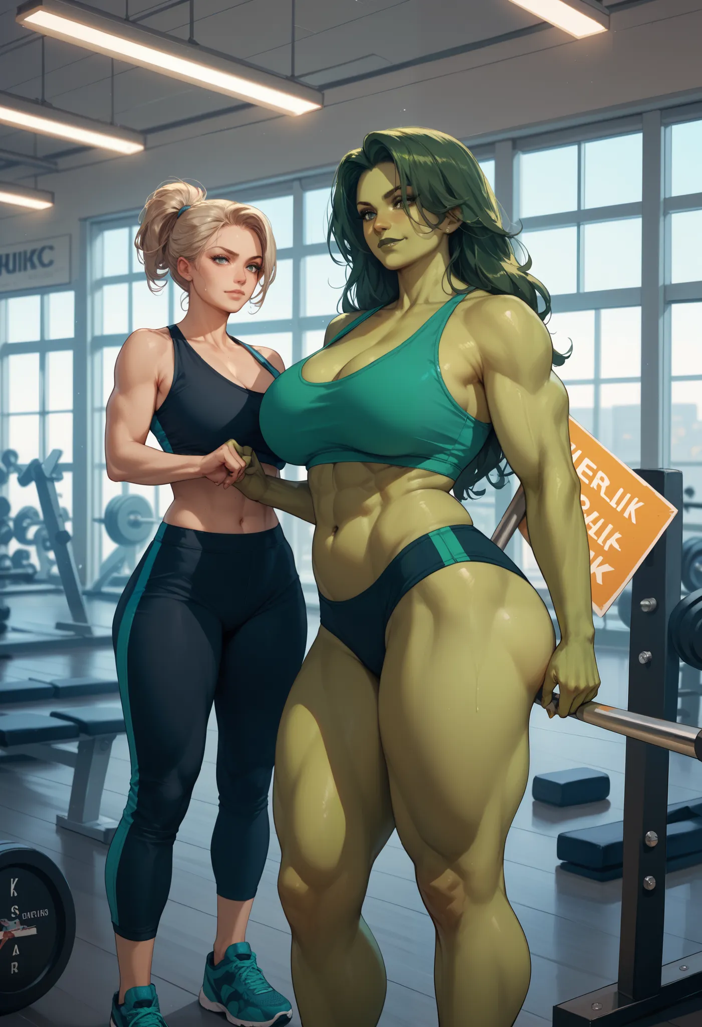 in a gym, milf, tall woman, shehulk, she is standing, she is holding a sign, next to her are two women standing, they are talking