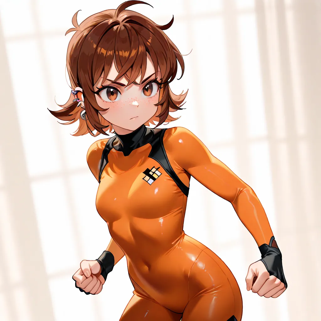 1 girl, short hair, brown hair, gloves, brown eyes, freckles, orange bodysuit, combed bangs, piercing, hair with spikes, piercing ears, tight body, bodysuit, tracer Fiona The Fox, 