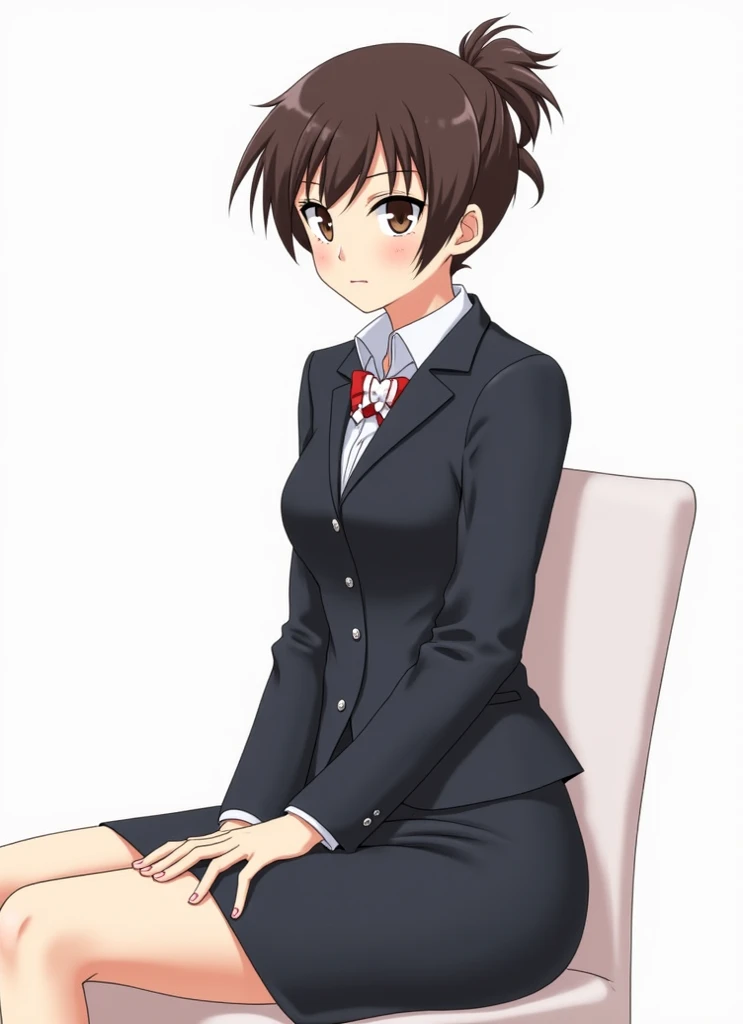 Masterpiece, darkbrown hair, brown eyes, beautiful, innocent, jealous, sitting, 1 girl, yandere, her hair is tied, anime, Tied hair, yandere, Obsessive, crazy, Formal dress, mature woman, teacher, Sharp-eyed, legs crossed, Standing straight, sharp-eyed