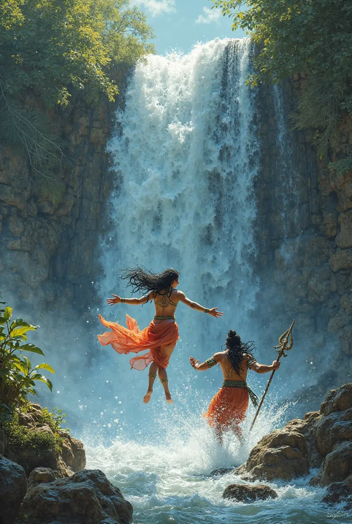 Parvati hanged in water fall falling and bholenath escape parvati from water

