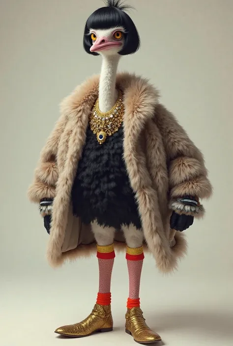 Create an ostrich with a black wig, socks with a fur coat, with a golden necklace, with fishnet socks and with gold boots