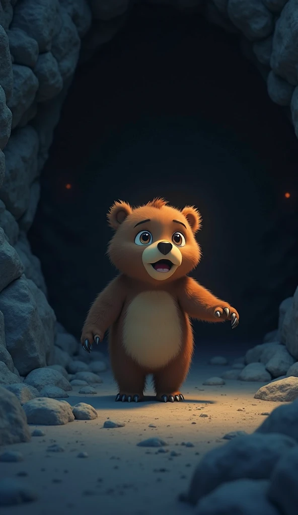 ""A small, lost baby bear steps forward from the darkness of the cave. The bear looks scared and nervous, with big round eyes and a slight sniffle. Juno, standing at the cave entrance, looks surprised but kind, reaching out a paw. The cave’s dim light soft...