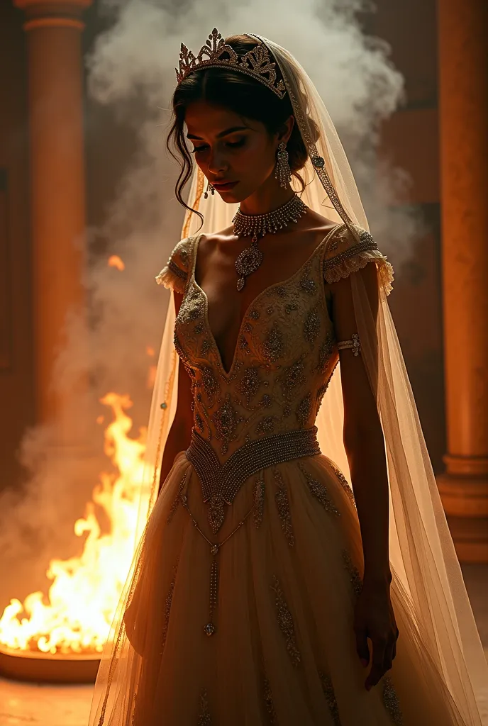  Laila, still in her bridal attire, walking towards the sacred fire, her expression hollow and distant.
