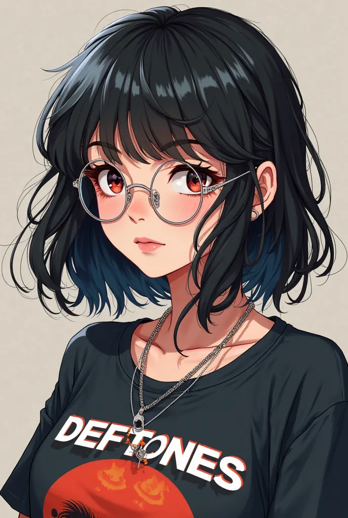 You can create an image of a white brunette girl,with medium-length black layered hair and septum piercing for a small face with round lenses and animated deftones t-shirt without wolf ears
