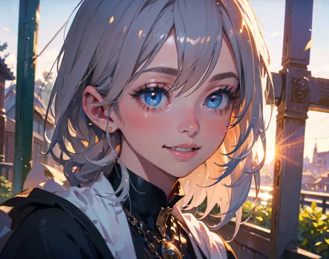 Isekai Fantasy　Ancient City　Medieval old cityscape　beautiful witch with silver hair　A vibrant city 　people々　 Fantastic