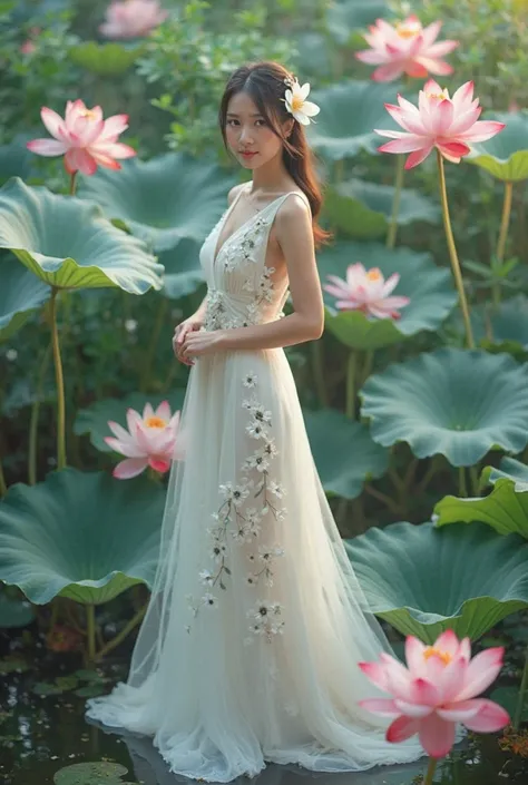 a woman in an elegant, flowing white gown adorned with floral designs. She is standing in a serene environment surrounded by large lotus flowers in various colors, including white and red, along with broad green leaves. The setting resembles a tranquil gar...