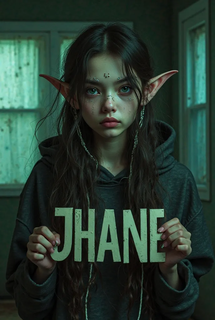 Holding name "JHANE" in giant letters A digital portrait of a young woman with long, wavy dark hair and blonde highlights. She is wearing a dark-colored hoodie with a subtle pattern and has earphones in her ears. Her face is heavily edited to appear surrea...