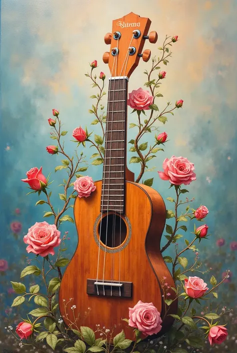 a painting with a ukulele with roses as string