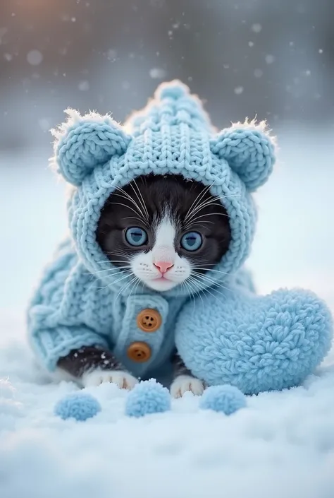 cat characteristics
The little kitten is lying in the snow。Cat coat color is black and white coat color、The expression is characterized by big eyes and a very adorable atmosphere。
	• Clothes
Kitten in a pale light blue knit collar（Rompers）I am wearing、bear...