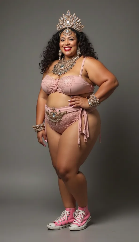 Mature Chubby Woman full body full body posing for full body photo completely naked, very smiling, with lots of jewels and ornaments on the head and body and pink Converse All Star Taylor Chuck sneakers