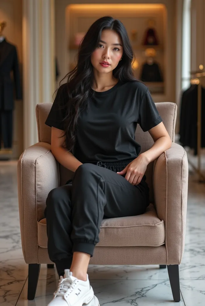 *"A high-quality, full-body digital image of a stunningly beautiful young woman with European features, light skin, and long, flowing black hair, sitting elegantly in a plush armchair inside a luxurious high-end boutique. She has a confident yet relaxed ex...